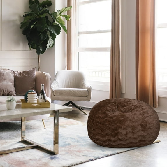 3FT Faux Fur Bean Bag Chair for Kids Teens Adults, Memory Foam Bean Bag Chairs, Cozy Stretchable Lounger for Bedroom Living Room, Easy to Clean, Brown