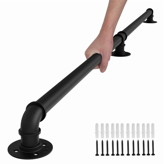 3FT Galvanized Steel Stair Handrail, Wall Mount Iron Stair Railing Kit, Easy DIY Install Safety Hand Rail for Indoor Outdoor Steps, Porch Deck Garage, Heavy Duty Non-Slip Staircase Baluster Handrail