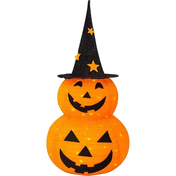 3FT Halloween Collapsible Pumpkin D rations, Pre-Lit Light Up 50 LED Pumpkin with Star Hat 8 Lighted Mode, Pop Up Jack-o-Lantern with Metal Stand for Indoor Outdoor Yard Holiday D r