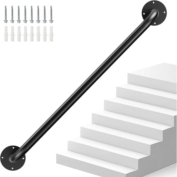 3FT Industrial Metal Stair Handrail, Heavy Duty Stair Handrail for Indoor & Outdoor Steps, Wall Mounted Railing, Metal Staircase Hand Rail Matte Finish (Black, 3ft)
