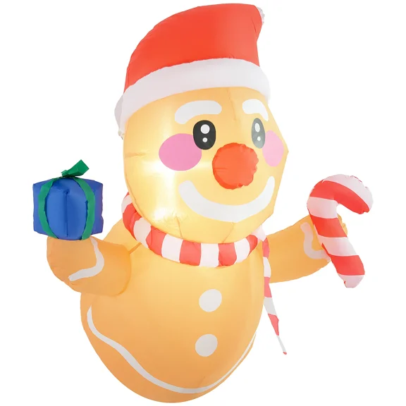 3FT Inflatable Gingerbread Man with Gift Box and Candy Cane,Perfect for Outdoor Decoration with Built-in LED Lights