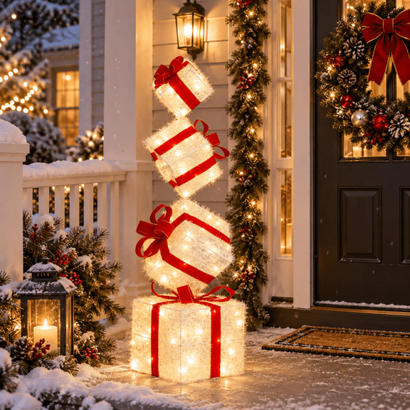 3FT Lighted Christmas Gift Box Tower, Pre-Lit Stacked Present Boxes with 80 Warm White LED Lights, Ground Stakes, Indoor Outdoor Christmas Decorations for Porch Yard Home