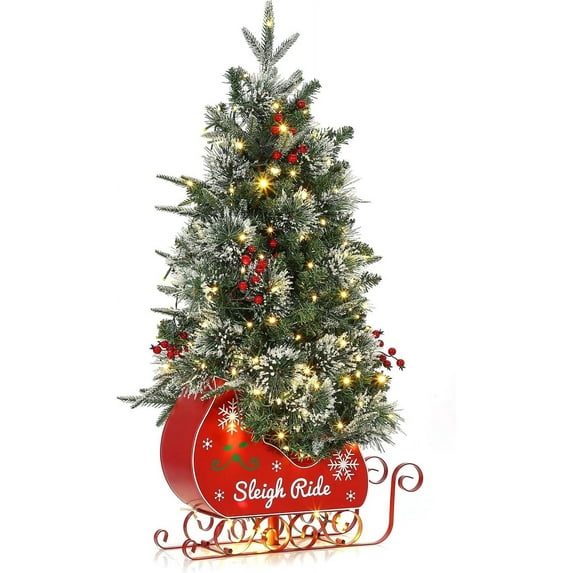 3FT Pre-Lit Artificial Christmas Tree with 78 Lights, 8 Modes, Red Berries & Sleigh Base, Mini Xmas Tree for Front Door, Porch, Tabletop, 1 pcs