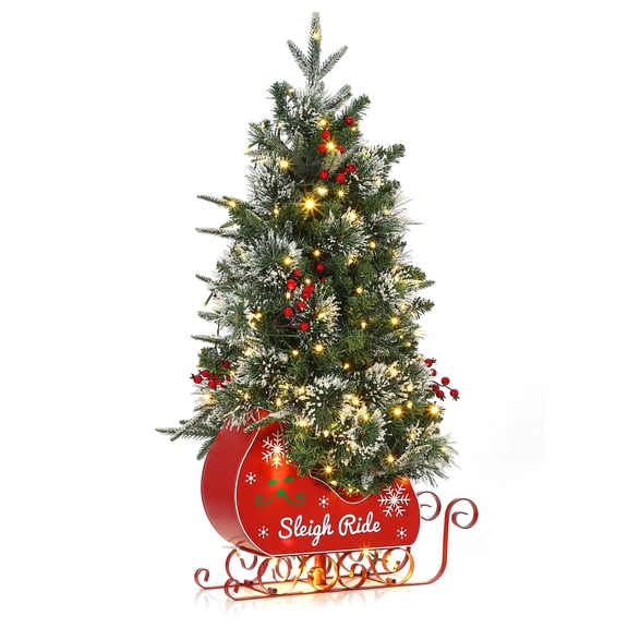 3FT Pre Lit Fiber Optic Artificial Sleigh Ride Base Christmas Tree with 78 Pcs Warm White Lights, 8-Mode Full Prelighted Xmas Tree with USB, 1 Pcs