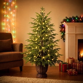 3FT Pre-Lit Lifelike Cypress Artificial Christmas Tree with Woven Basket Base 100 Warm White LED Lights Indoor Holiday Decor