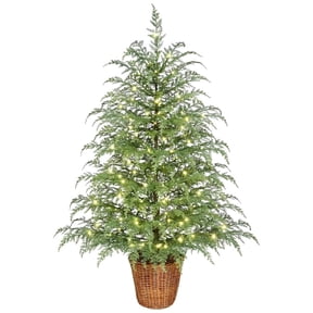 3FT Prelit Artificial Cedar Christmas Tree with 100LED Lights, Faux Cedar Potted Christmas Tree in Decorative Wicker Basket, Realistic Indoor Outdoor Holiday Decoration