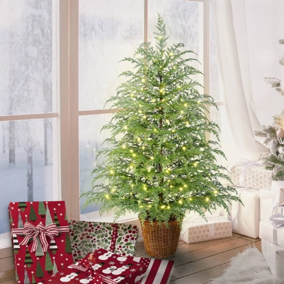 3FT Prelit Artificial Cedar Christmas Tree with 100LED, Realistic Faux Cedar Tree in Decorative Wicker Basket, Potted Indoor Outdoor Christmas Decoration