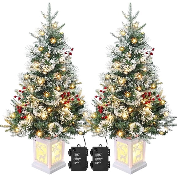 3FT Prelit Snow Flocked Christmas Tree with Prelit Premium 78 LED 8 Mode Battery Powered Mini Small Xmas Tree for Christmas Decoration Gift,Home,Office,Outdoor,Indoor with White Moose Base-2PCS