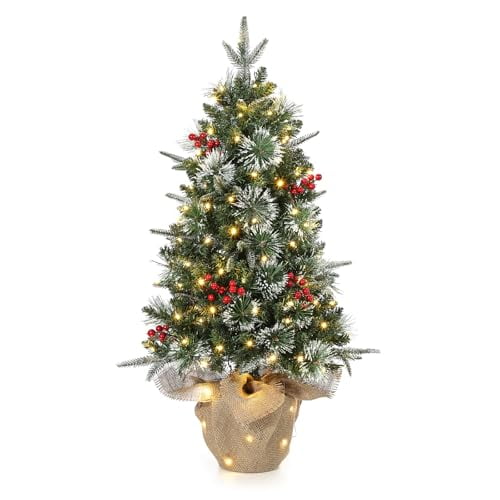 3FT Tabletop Pre-Lit Artificial Christmas Tree With 78 LED Lights, Cloth Bag Base, Red Berries for Xmas Decorations