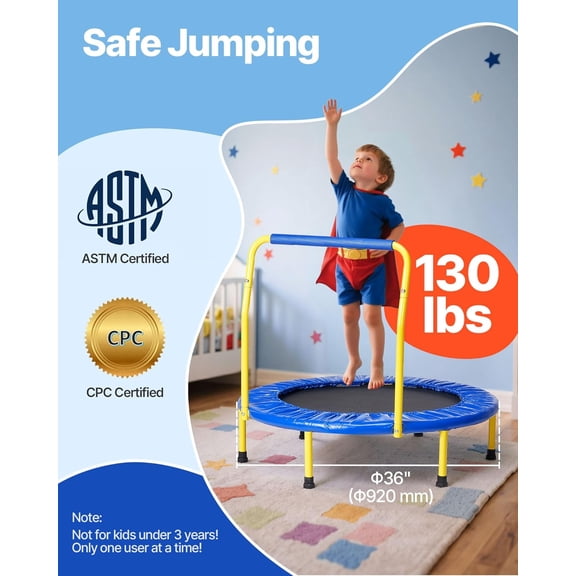3FT Trampoline for Kids, 36" Trampolines Indoor/Outdoor Trampoline for Toddlers, Foldable Mini Baby Jump Toy with Foam Handle, Recreational Trampolines Birthday Gift for 3+ Years Kids