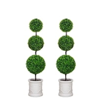 3FT Triple Ball Topiary Artificial Tree Three-Ball Faux Shrubs Plant Realistic Tiered Ball Topiary Tree with White Planter, Artificial Shrubs for Home Office Porch Outdoor Decor Set of 2