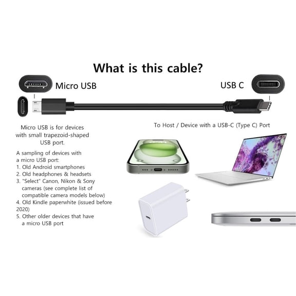 3FT USB C to Micro USB Data & Charge Cable - Micro for Old/Phones Smartphones Cameras Headphones USB-C Compatible with MacBook iPhone 15 Samsung LG Moto PC/Laptop with a USBC Port
