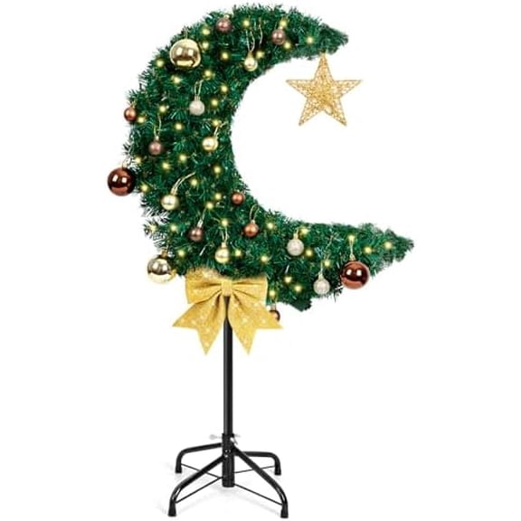 3FT led lIGHTED eID rAMADAN mOON tREE WITH sTAR sTRING, aRTIFICIAL mUSLIM iSLAMIC cRESCENT mOON tREE WITH hANGING oRNAMENTS, fLOOR sTANDING dECOR FOR eID mUBARAK hOME gARDEN pARTY