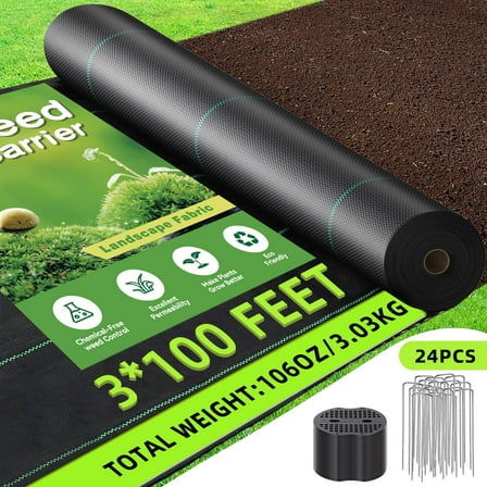3FT x 100FT Weed Barrier Landscape Fabric, Heavy Duty Weed Blocker Gardening Mat, Garden Cloth for for Underlayment, Gardening Ground, Commercial Driveway, Farming with 24 U-Shaped Securing Pegs