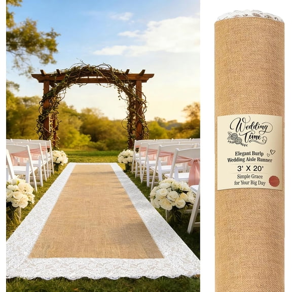 3FT x 20FT Natural Burlap Wedding Aisle Runner Outdoor, Aisle Runner for Wedding Ceremony with Lace, Rustic Jute Carpet Rug, Beach Wedding Decor Aisle Decor for Church Lawn Garden Reception