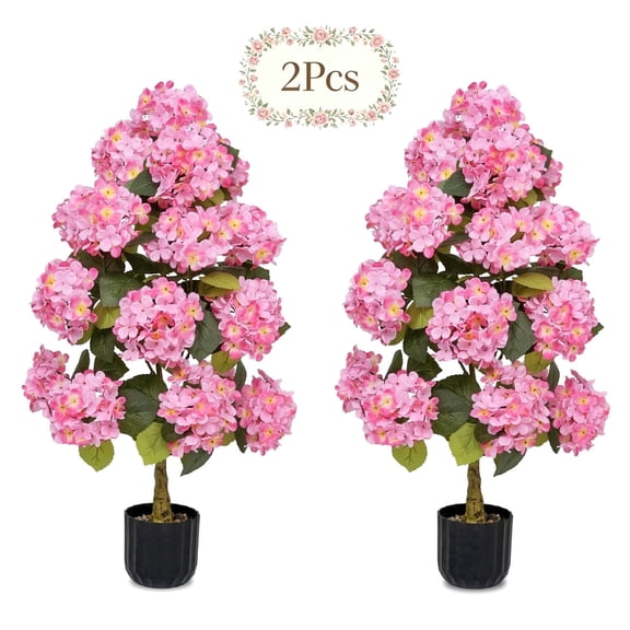 2Sets-3Ft Simulation Hydrangea Tree, Equipped with Realistic Pink Hydrangea Flowers and Evergreen Leaves, Suitable for Indoor and Outdoor Bonsai and Artificial Flower Decoration