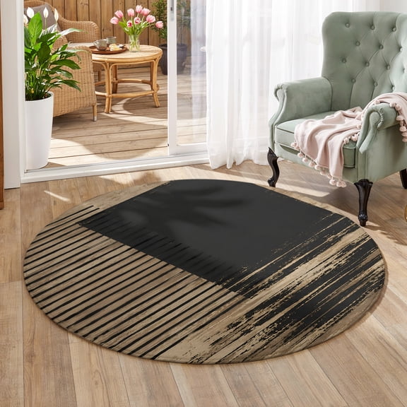3Ft Black Square Round Area Rug Industrial Charcoal Tan Distressed Texture Abstract Small Entryway Rugs, Round Washable Door Mat, Non Slip, Low Pile, Ultra-Thin Circle Carpet for Entrance Bedroom
