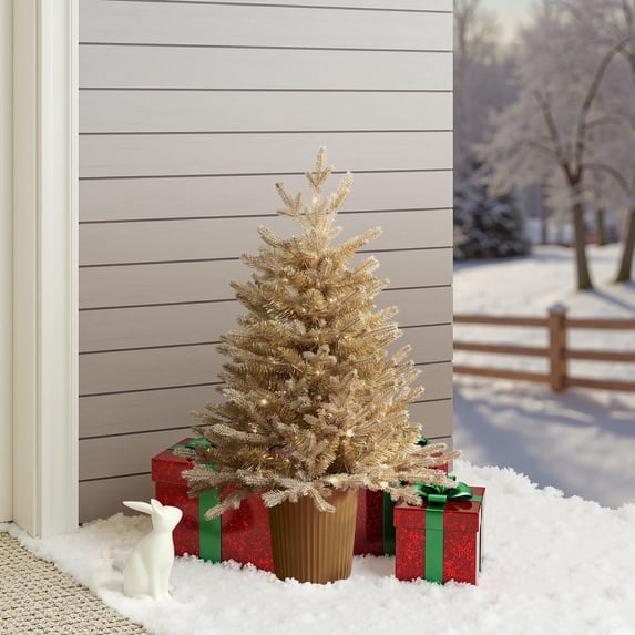 3Ft Gold Branches Artificial Christmas Tree with Battery-Op Lights & Gold Pot