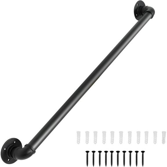 3Ft Pipe Stair Handrail Metal Black Rail for Indoor & Outdoor Wall Mount Support