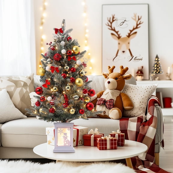 3Ft Pre-Lit Artificial Christmas Tree with 78 LED Lights - Mini Tabletop Xmas Tree with Snowman Base,
