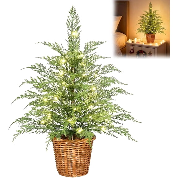 3Ft Small Pre-Lit Green Cypress Artificial Christmas Tree Wiht Warm White Led Lights Twinkling Glow,Tabletop Mini Norfolk Pine Tree Pre-Assembled Holiday Decor For Office Apartment Entryway Indoor Us