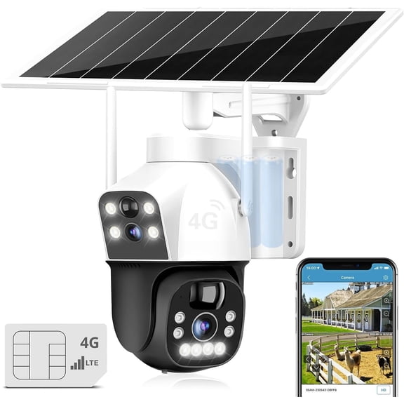 3G/4G LTE Cellular Solar Camera Outdoor , 8W 15600mAh Operated IP Camera No WiFi, Dual Lens Spotlight CCTV System with SIM Card
