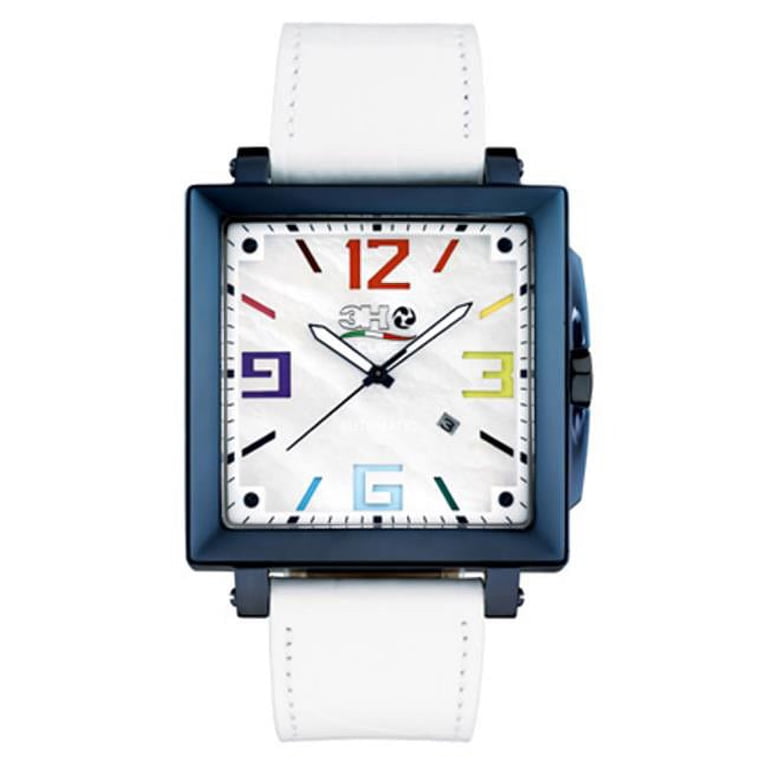 3H Italia CA06 Big Automatic Watch Cube Faced, White And Blue 