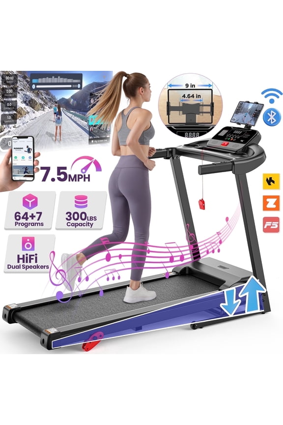 3.5HP 300lb Capacity Treadmill with Incline,64+3+4 Program, 3 Adjustable Incline, Folding Treadmill for Home Running & Jogging, 7.5MPH Speed, HiFi Bluetooth Speakers