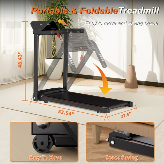3HP Foldable Treadmill with Handle - Walk Pad Treadmill - Quiet Walking Machine, 300LBS Capacity, Portable Small Home Gym (Black)