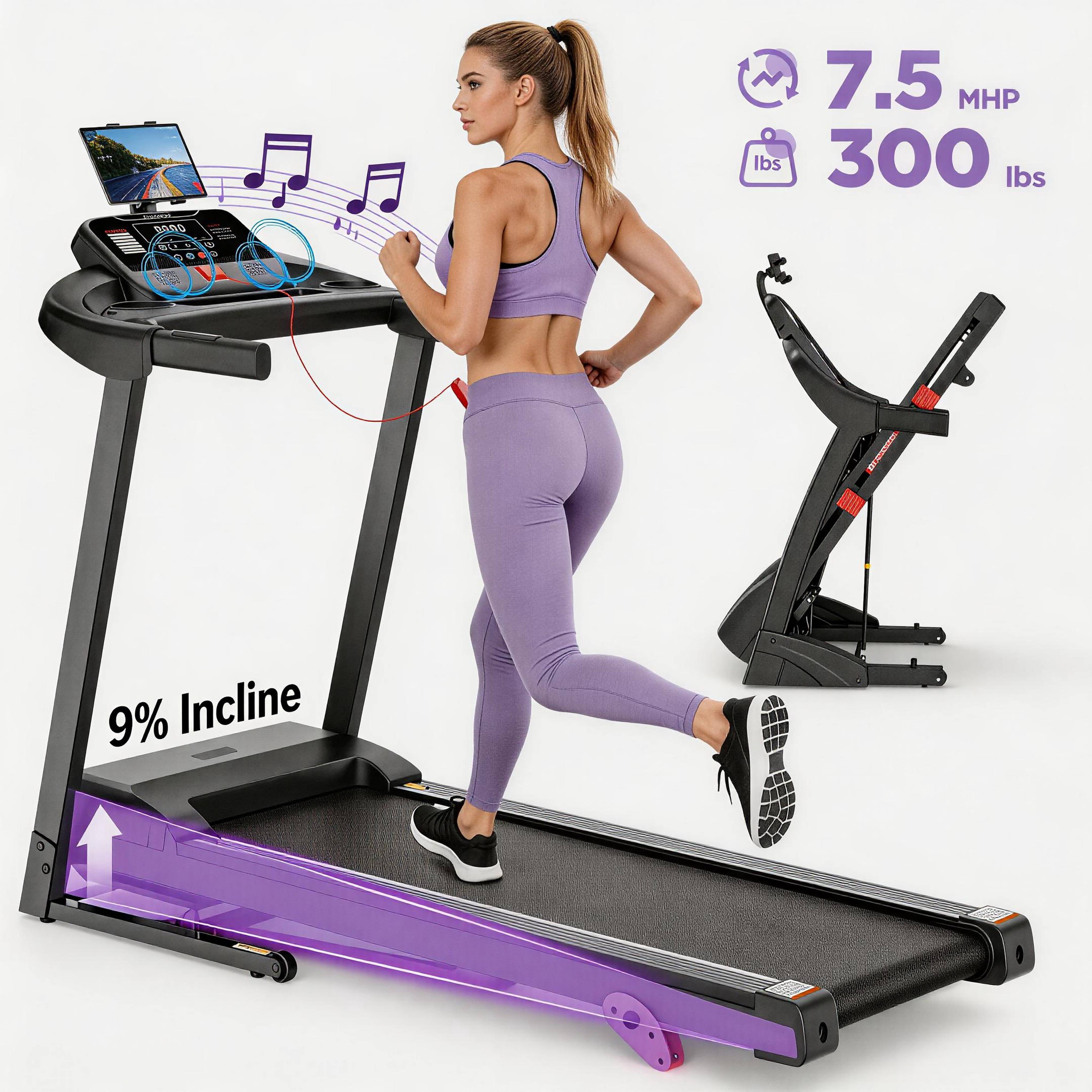 3.5HP Folding Treadmill for Home, 300 Lbs Capacity, 9% Adjustable Incline, LED Display, 71Programs, Bluetooth Speakers, APP Control, Compact Walking Running Machine, Knee Strap Gift