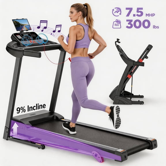 3.5HP Folding Treadmill for Home, 300 Lbs Capacity, 9% Adjustable Incline, LED Display, 71Programs, Bluetooth Speakers, APP Control, Compact Walking Running Machine, Knee Strap Gift