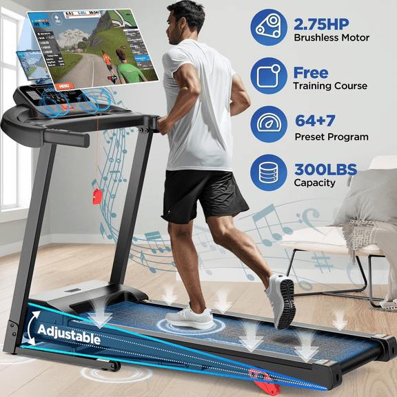 3HP Incline Treadmill w/ 300lb Capacity, Folding Treadmill for Home, 71 Workout Programs, 3 Incline Levels, Bluetooth Dual Speaker & Smart APP Control, Portable Exercise Treadmill Walking Jogging