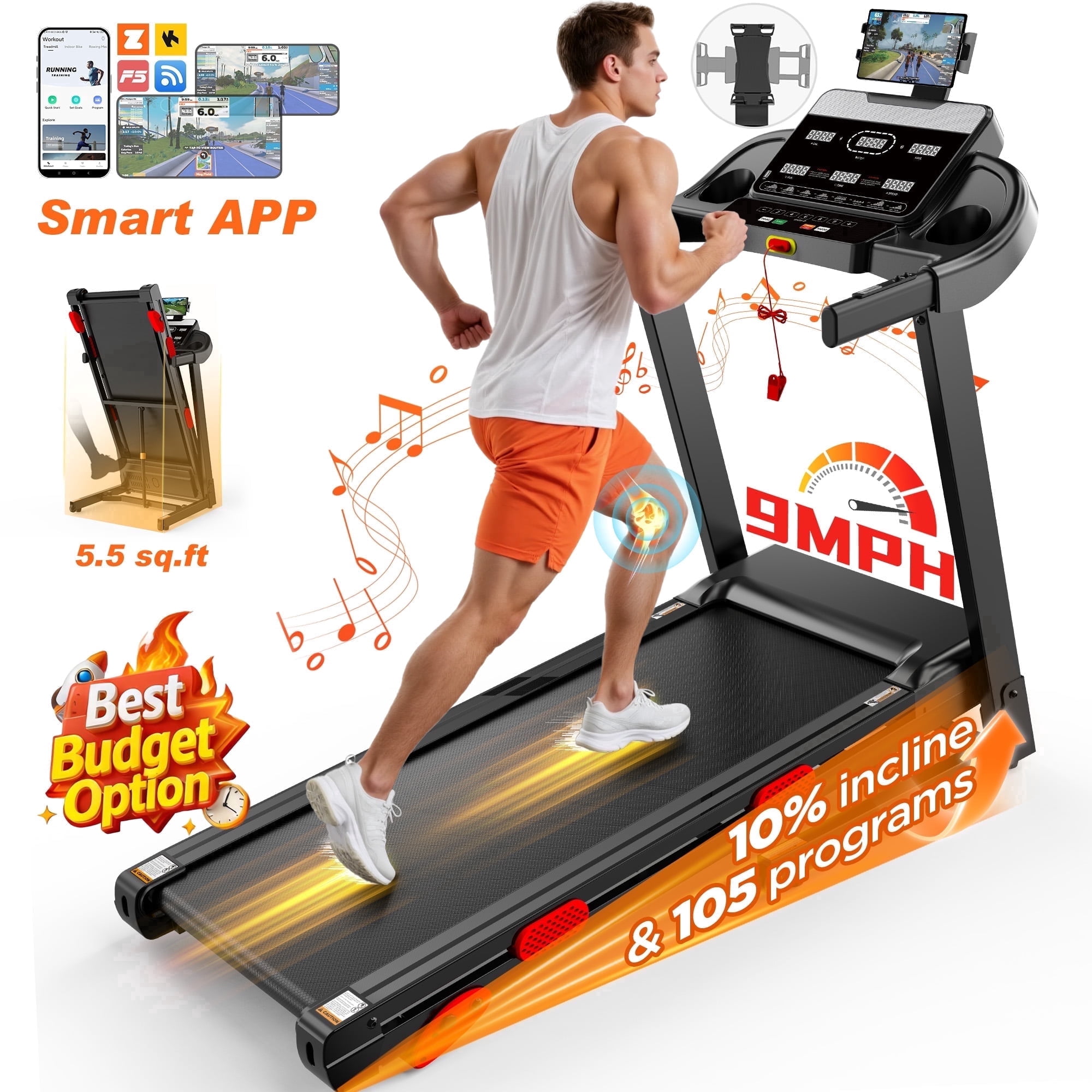 300 lbs Capacity Portable Treadmill for Home&Office, 3.75HP Brushless Motor Treadmill with Manual Incline, 105 Programs, APP Control, Tablet Holder, 9MPH, Exercise treadmill for Walking, Jogging