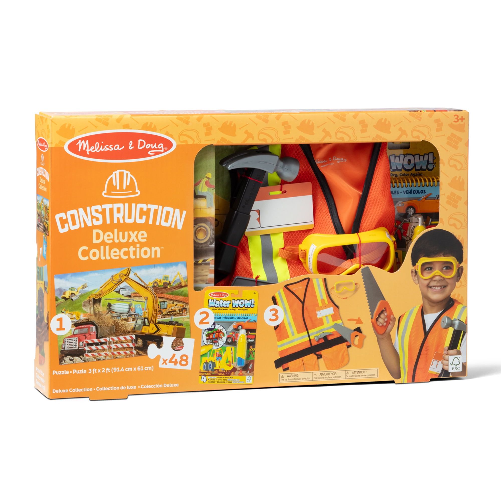 Melissa & Doug Construction 3-in-1 Deluxe Collection Themed Gift Set Costume Role Play, Puzzle, Water WOW! - FSC Certified