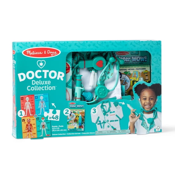 Melissa & Doug Doctor 3-in-1 Deluxe Collection Themed Gift Set – Costume Role Play, Puzzle, Water WOW! - FSC Certified