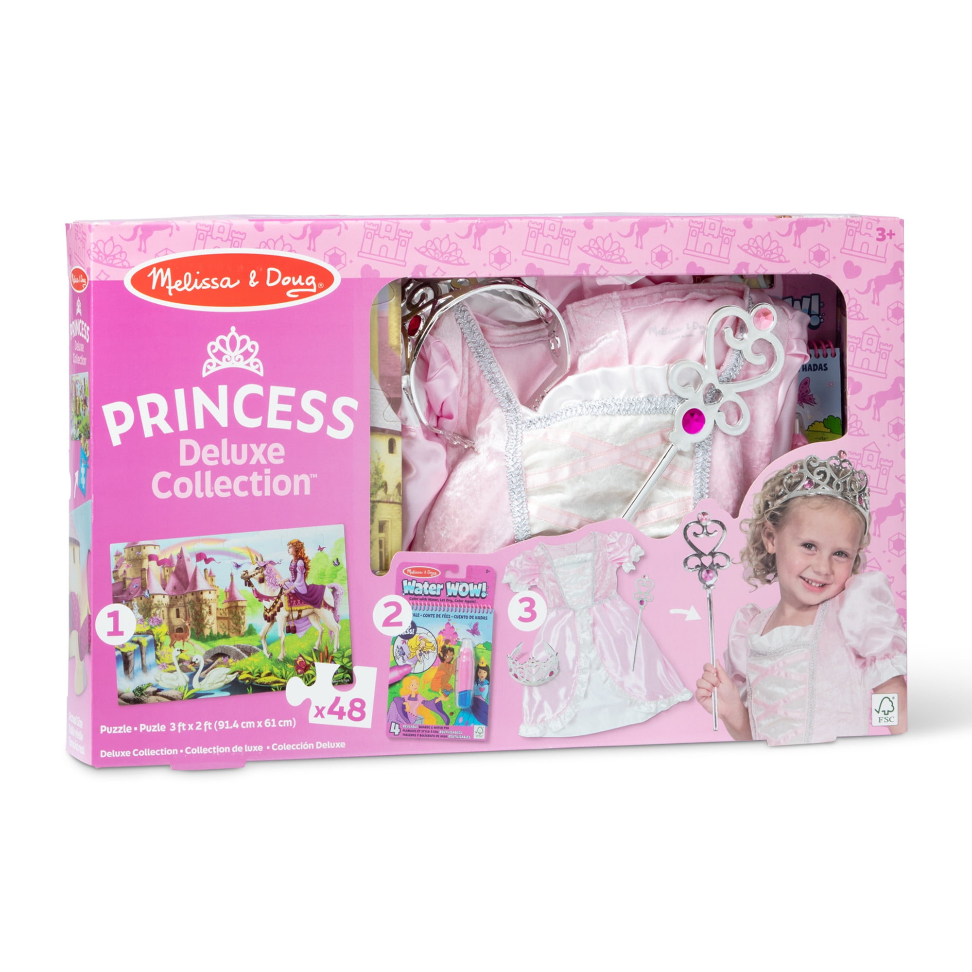 Melissa & Doug Princess 3-in-1 Deluxe Collection Themed Gift Set Costume Role Play, Puzzle, Water WOW! - FSC Certified