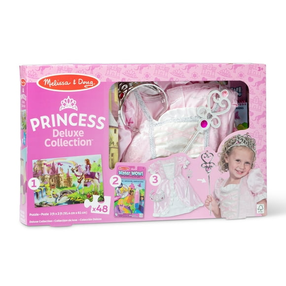 Melissa & Doug Princess 3-in-1 Deluxe Collection Themed Gift Set Costume Role Play, Puzzle, Water WOW! - FSC Certified