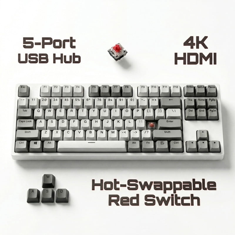 Wired 87 Keys Mechanical Keyboard with 5-Port USB Hub, Hot Swappable Gaming Keyboard, 4K HDMI, Red Switch Computer Keyboard for Mac Windows