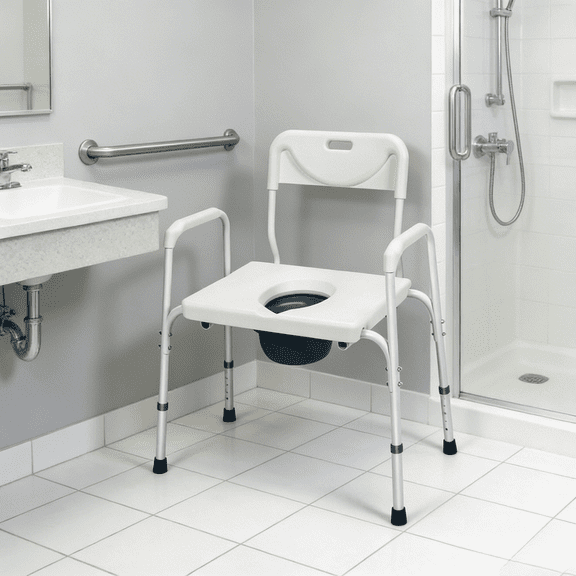 3In1 Commode Chair Adjustable Height 19.5In To 23.5In Removable Bucket Toilet Safety Frame 300 Lbs Capacity Iron Frame Elderly Mobility Aid Anti Slip Foot Pads Bathroom Bedroom Bedside 34In Wide