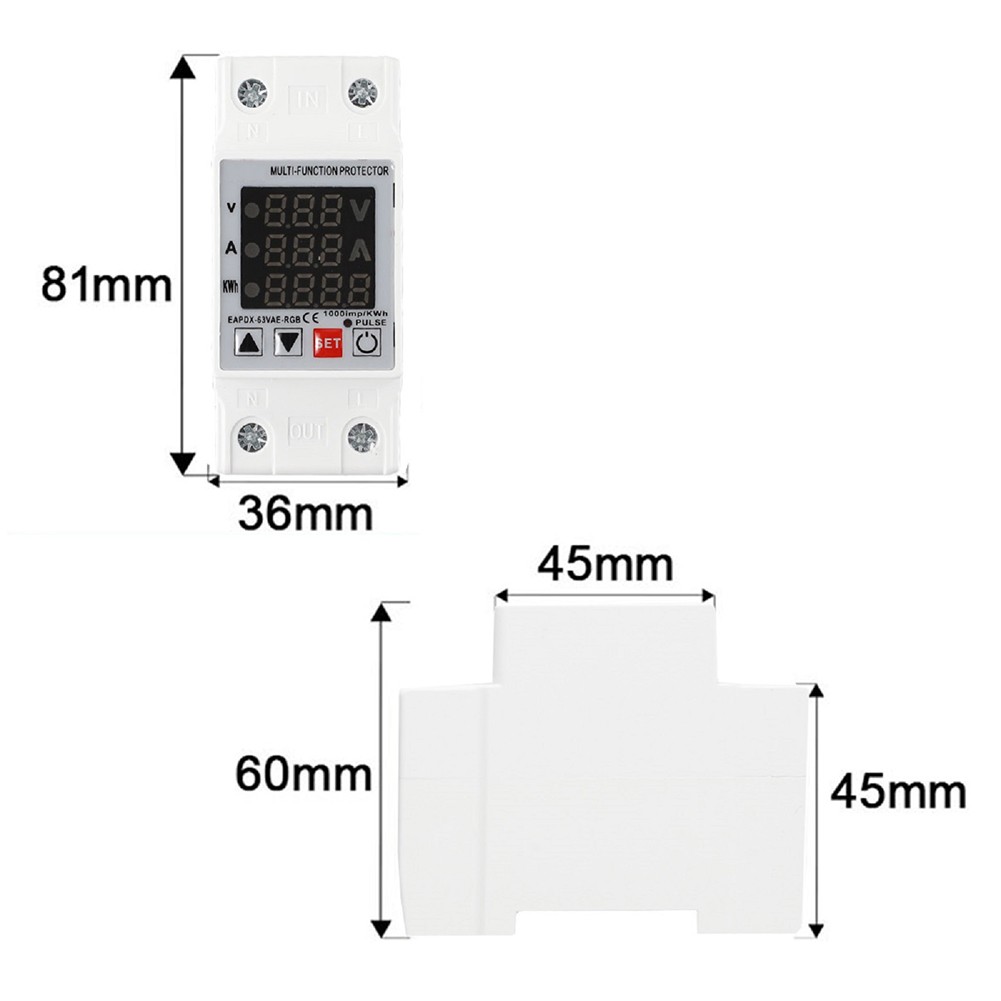 3In1 Display Din Rail Adjustable Over Voltage Current Protective Device 63A 230V