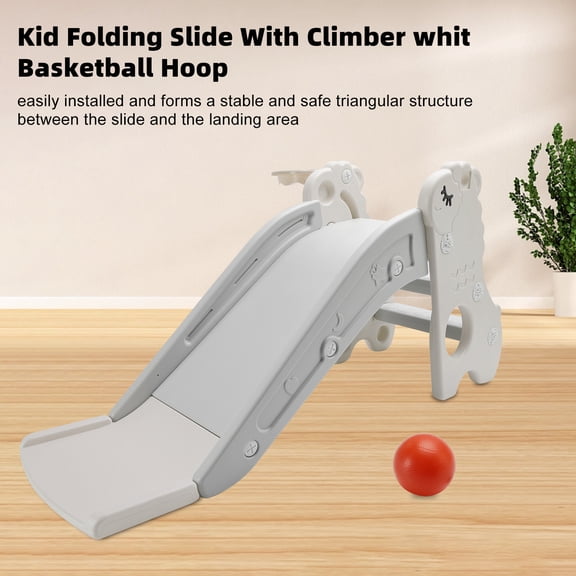 3In1 Kid Folding Slide With Climber,Basketball Hoop,Freestanding Slide Toy White