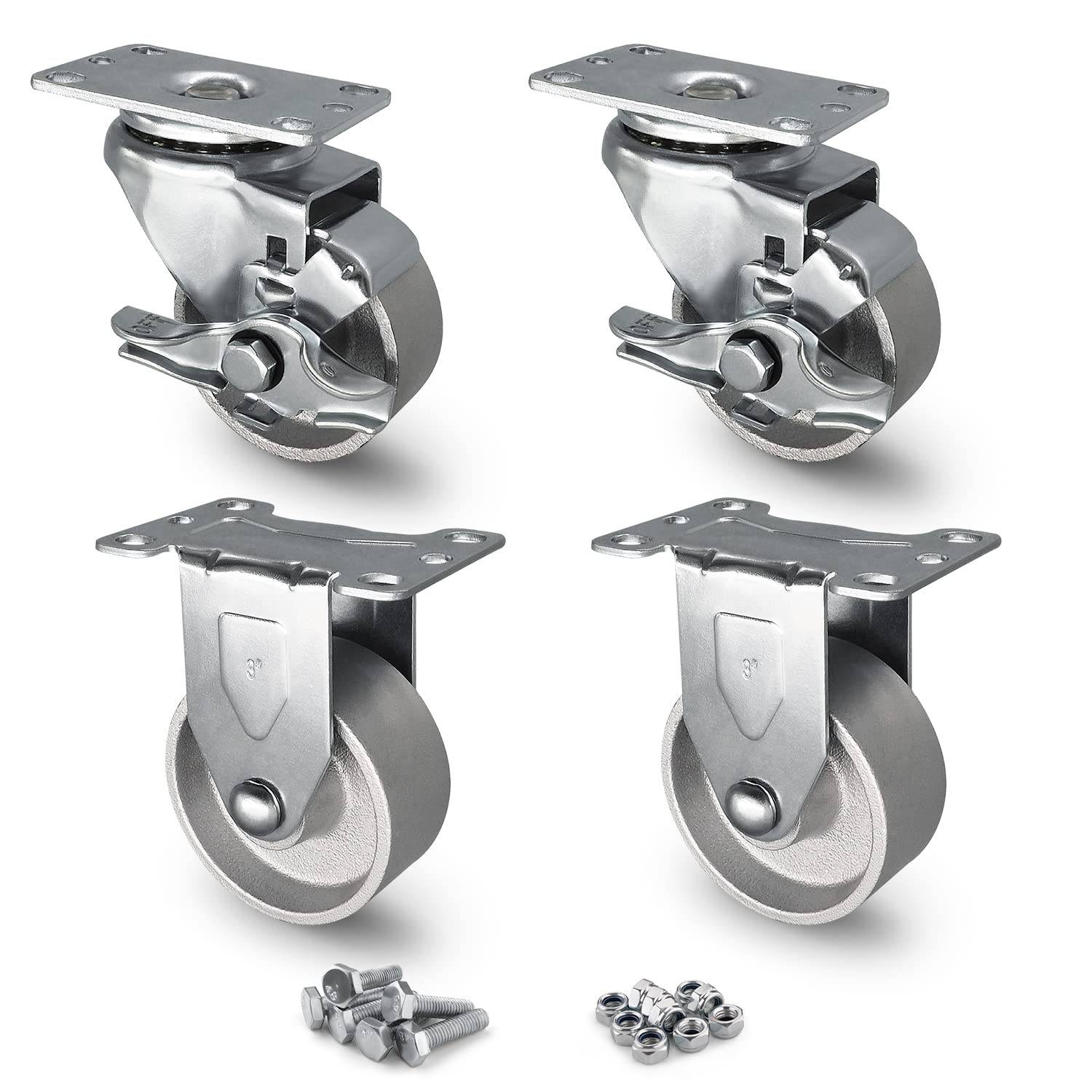 3Inch Industrial Casters, Semi Steel Cast Iron Caster Wheels, Set Of 4 Heavy Duty Casters With
