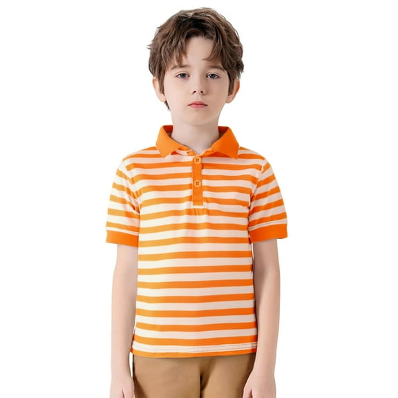 WhouRiu Little Boys Tshirts Casual Short Sleeve Striped Button Tee Clothes Kids Loose Summer T Shirt Orange,Sizes 5-6