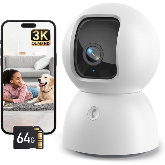3K Indoor Camera with 64GB Card, Human/Pet/Facial AI Detection, //Pet Camera Indoor with Phone APP, 5GHz 2.4GHz Dual Band 6, 360 Pan Tilt Auto , Night Vision, 2-Way Talk