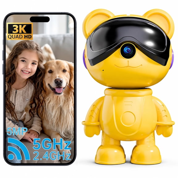 3K Indoor Security Camera for Home, Cute Tiger Baby Monitor, Pet Camera, 5G/2.4G WiFi, AI Human & Pet Detection with Auto Tracking, IR Night Vision, Two-Way Audio, Privacy Mode, RTSP/ONVIF(Yellow)