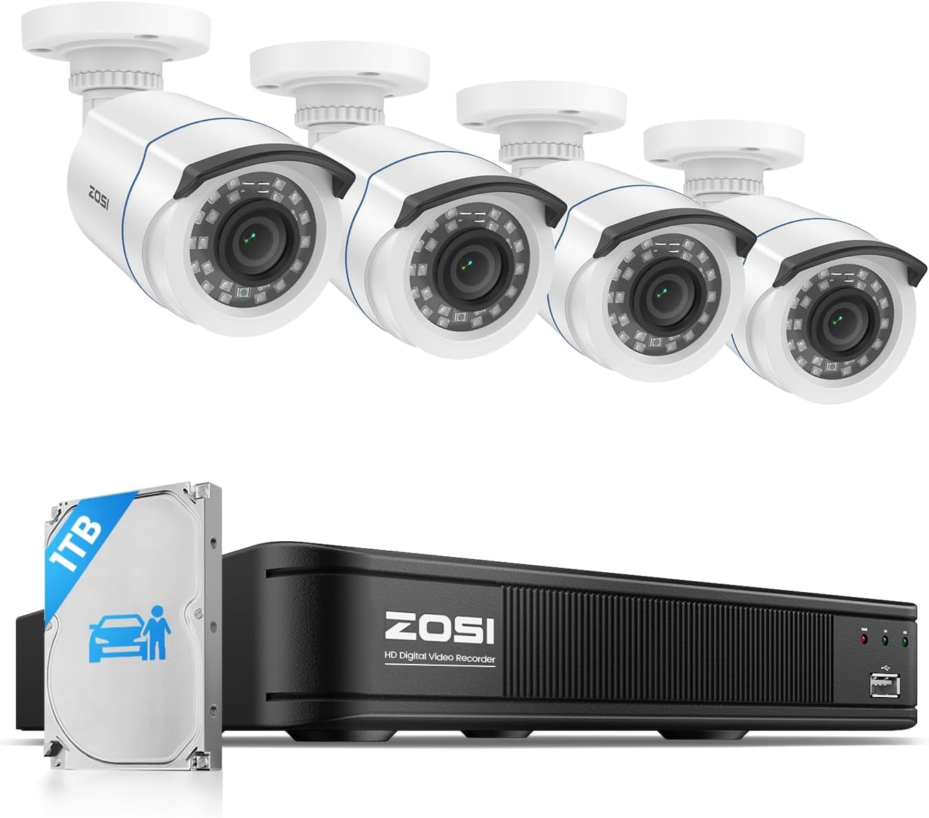 3K LIte Security camera system with 1TB Hard Drive, ZOSI 1080P 8CH DVR Recorder with AI Human/Vehicle Detection, Outdoor Security Camera with 120ft Night Vision, Weatherproof, 24/7 Recording