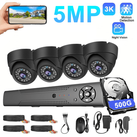 3K Lite Security Camera System, H.265+ 4CH DVR Recorder with 500G HDD and 4pcs 5MP Indoor Outdoor Dome CCTV Security Cameras ,AI Human/Vehicle Detection, Motion Alert,Remote Access