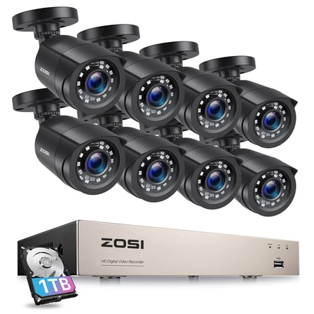 3K Lite Security Camera System, ZOSI 8-Channel FULL 1080P HD Video Security System CCTV DVR Built-in 1TB Hard Drive, Indoor/Outdoor 2.0MP Weatherproof Surveillance Security Camera System