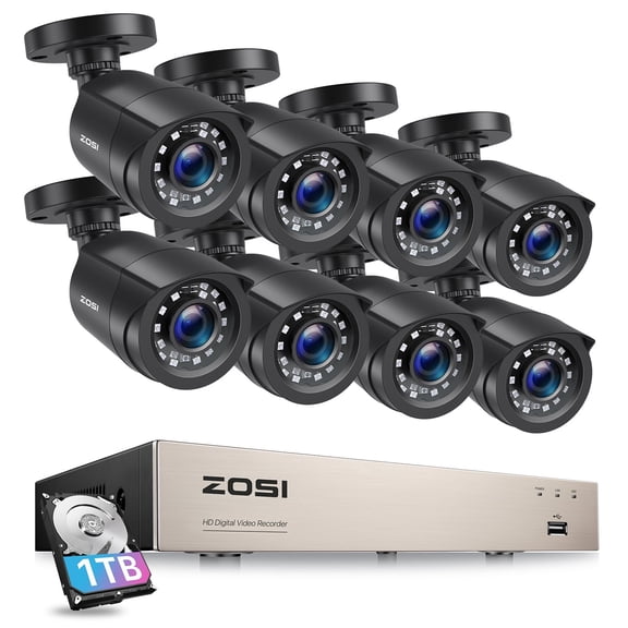 3K Lite Security Camera System, ZOSI 8-Channel FULL 1080P HD Video Security System CCTV DVR Built-in 1TB Hard Drive, Indoor/Outdoor 2.0MP Weatherproof Surveillance Security Camera System