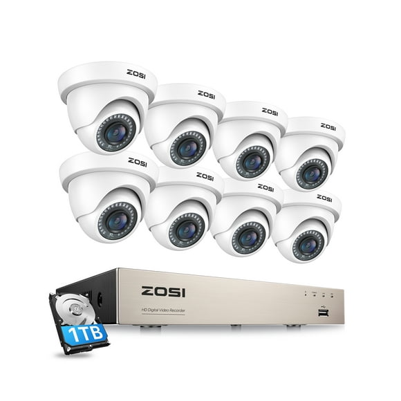 3K Lite Security Camera System, ZOSI H.265+ 8CH DVR Recorder, 4pcs HD 1080P Outdoor Security Camera, IP66 Weatherproof, 80ft IR Night Vision, 1TB Hard Drive for 24/7 Recording, Smart Home Security